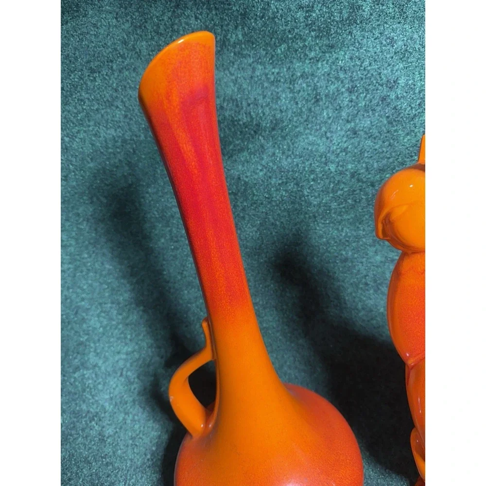 Royal‎ Haeger MCM Pottery Orange Winking Cat Statue + Vase Green Eye Figurine